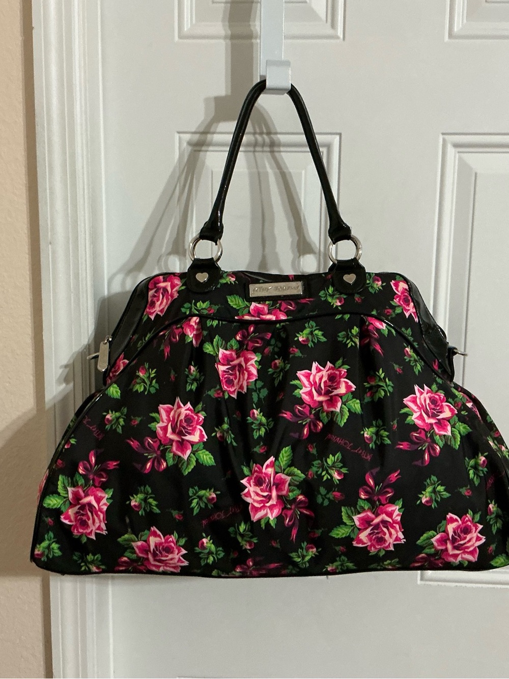 Betsey Johnson Large Black Satchel Bag With Vibrant Floral Rose Print